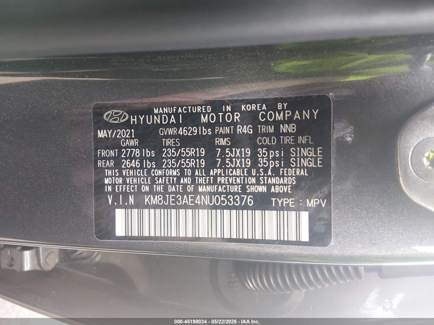 2022 Hyundai Tucson VIN KM8JE3AE4NU053376 IAAI salvage auction — FRONT END, Salvage (Mississippi), sold $6,400 on 2026-07-25 (photo 9)