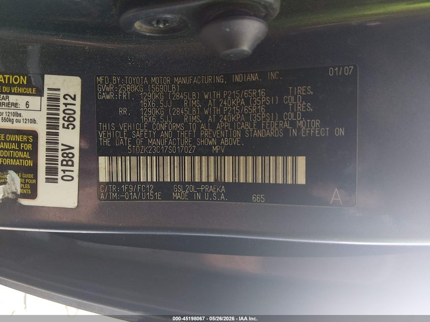 2007 Toyota Sienna VIN 5TDZK23C17S017027 IAAI salvage auction — NORMAL WEAR, Clear (Louisiana), sold $725 on 2026-07-28 (photo 9)