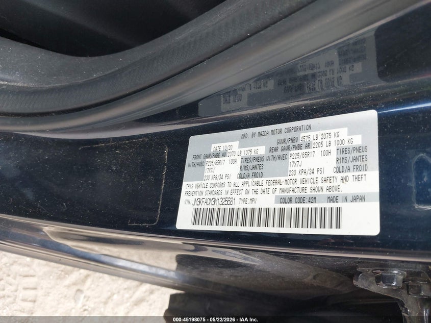 2021 Mazda Cx-5 VIN JM3KFACM3M1325681 IAAI salvage auction — FRONT END, Certificate Of Destruction (Florida), sold $2,850 on 2026-07-14 (photo 9)