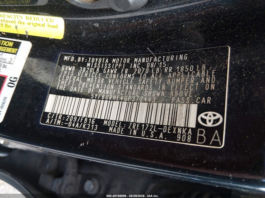 2016 Toyota Corolla VIN 5YFBURHE4GP372443 IAAI salvage auction — FRONT END, Salvage (Mississippi), sold $1,850 on 2026-07-08 (photo 9)
