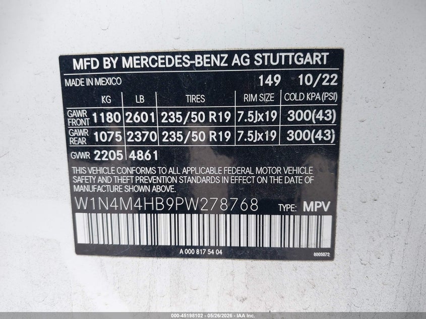 2023 Mercedes-benz Glb VIN W1N4M4HB9PW278768 IAAI salvage auction — LEFT SIDE, Salvage (California), sold $13,000 on 2026-07-07 (photo 9)