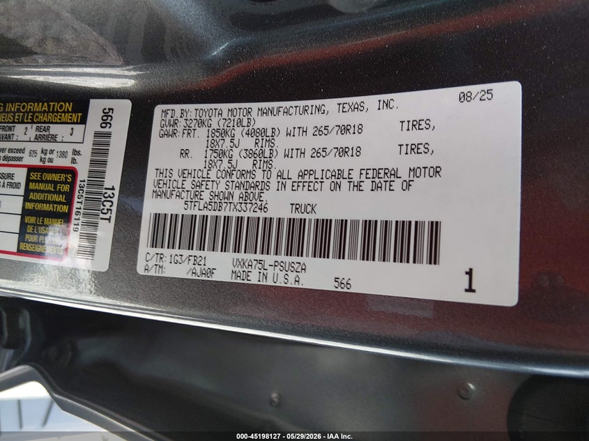 2026 Toyota Tundra VIN 5TFLA5DB7TX337246 IAAI salvage auction — FRONT END, Salvage Title, sold $19,650 on 2026-07-29 (photo 9)