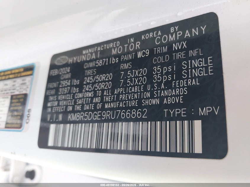 2024 Hyundai Palisade VIN KM8R5DGE9RU766862 IAAI salvage auction — REAR END, Salvage Title, sold $13,800 on 2026-07-24 (photo 9)