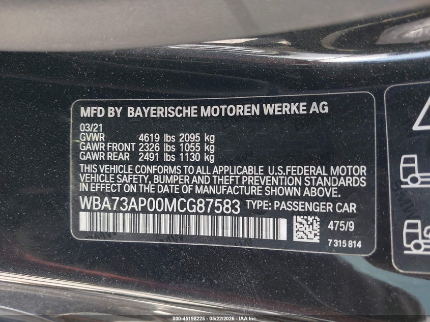 2021 BMW VIN WBA73AP00MCG87583 IAAI salvage auction — WATER/FLOOD, Mv-907A (New York), sold $9,550 on 2026-07-21 (photo 9)