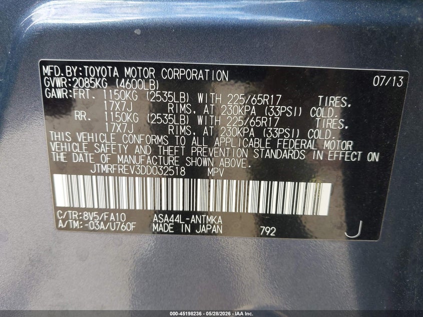 2013 Toyota Rav 4 VIN JTMRFREV3DD032518 IAAI salvage auction — LEFT FRONT, Salvage Title, sold $7,550 on 2026-07-08 (photo 9)