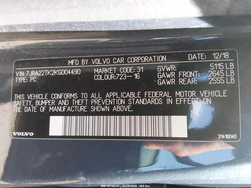 2019 Volvo S60 VIN 7JRA22TK2KG004490 IAAI salvage auction — REAR END, Salvage Title, sold $3,500 on 2026-07-28 (photo 9)