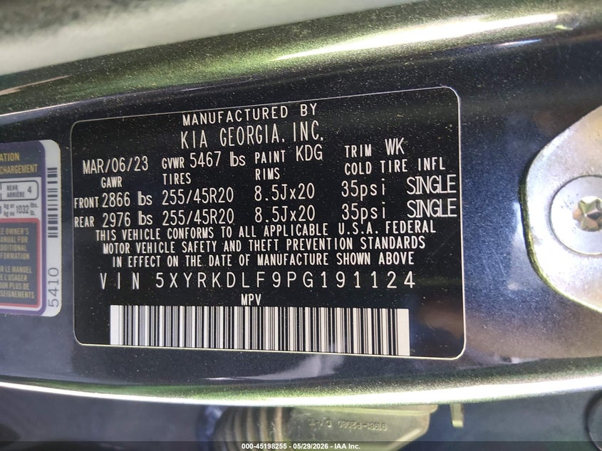 2023 Kia Sorento VIN 5XYRKDLF9PG191124 IAAI salvage auction — ENGINE DAMAGE, Salvage Title, sold $5,400 on 2026-08-02 (photo 9)