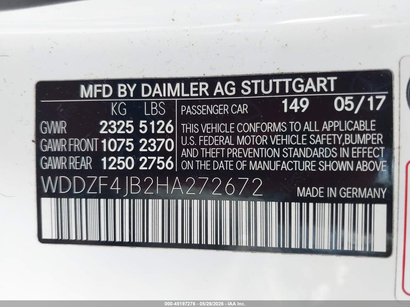 2017 Mercedes-benz E-klasse VIN WDDZF4JB2HA272672 IAAI salvage auction — FRONT & REAR, Salvage (Alabama), sold $675 on 2026-08-13 (photo 9)