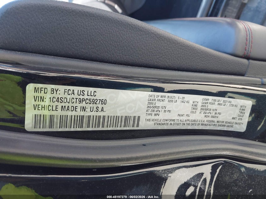 2023 Dodge Durango VIN 1C4SDJCT9PC592760 IAAI salvage auction — SIDE, Salvage Title, sold $9,400 on 2026-08-30 (photo 9)
