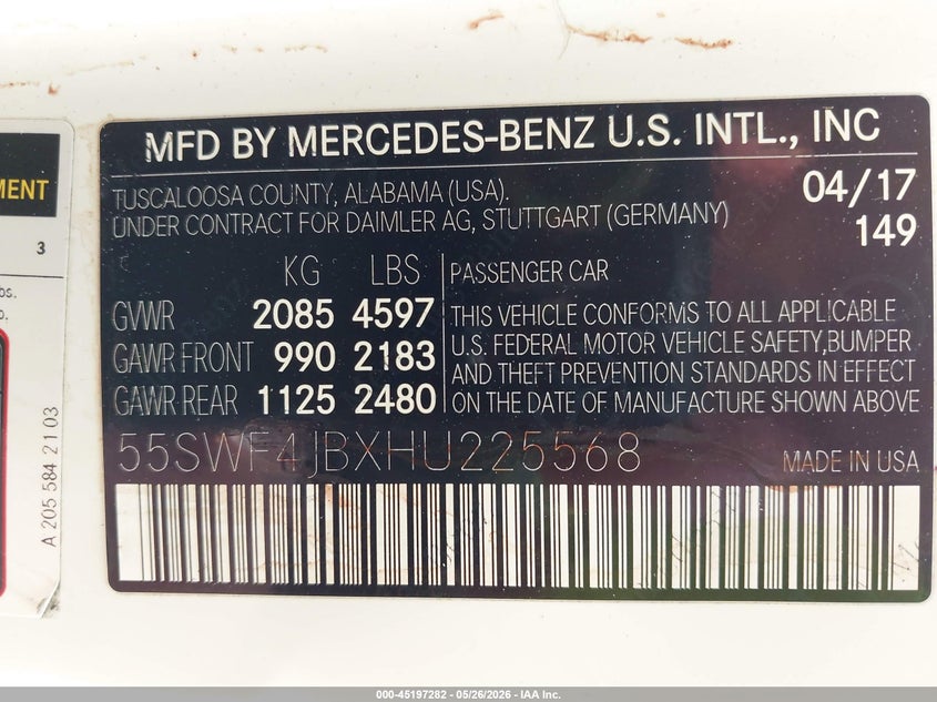 2017 Mercedes-benz C-klasse VIN 55SWF4JBXHU225568 IAAI salvage auction — RIGHT SIDE, Salvage (Ohio), sold $3,550 on 2026-07-27 (photo 9)