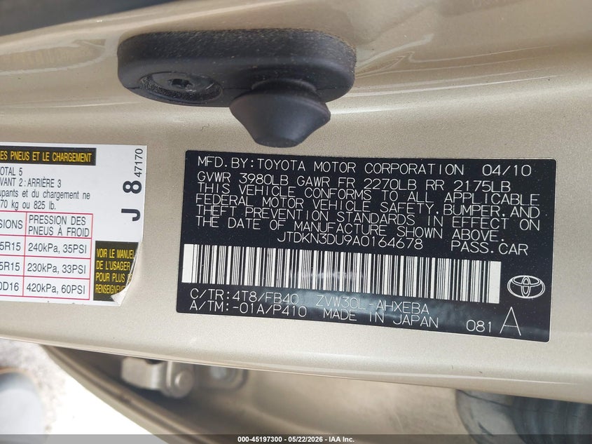 2010 Toyota Prius VIN JTDKN3DU9A0164678 IAAI salvage auction — FRONT END, Salvage (Georgia), sold $1,225 on 2026-07-08 (photo 9)
