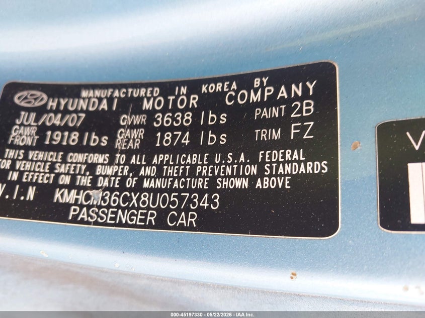 2008 Hyundai Accent VIN KMHCM36CX8U057343 IAAI salvage auction — FRONT END, Salvage (Georgia), sold $525 on 2026-07-15 (photo 9)