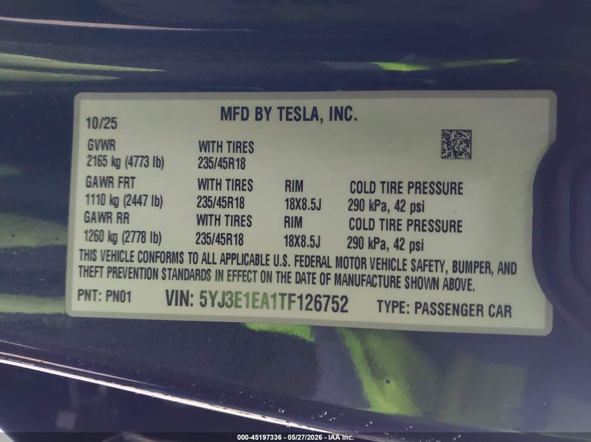 2026 Tesla Model 3 VIN 5YJ3E1EA1TF126752 IAAI salvage auction — RIGHT REAR, Salvage Title, sold $7,500 on 2026-07-08 (photo 9)
