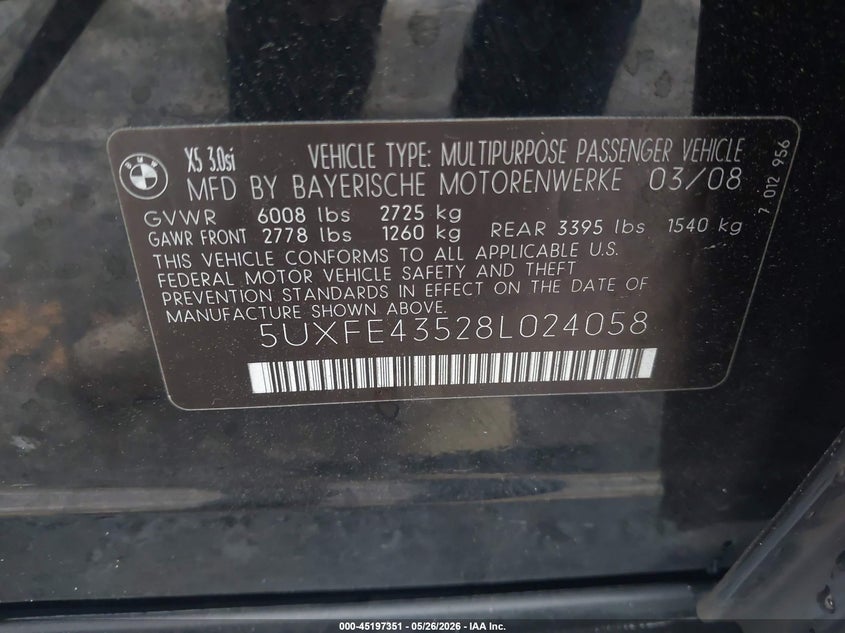 2008 BMW X5 VIN 5UXFE43528L024058 IAAI salvage auction — FRONT END, Salvage (Georgia), sold $850 on 2026-07-15 (photo 9)