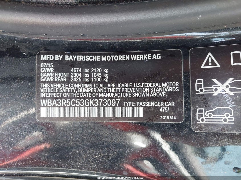 2016 BMW 4er VIN WBA3R5C53GK373097 IAAI salvage auction — RIGHT FRONT, Non-Repairable (New Mexico), sold $1,750 on 2026-07-20 (photo 9)