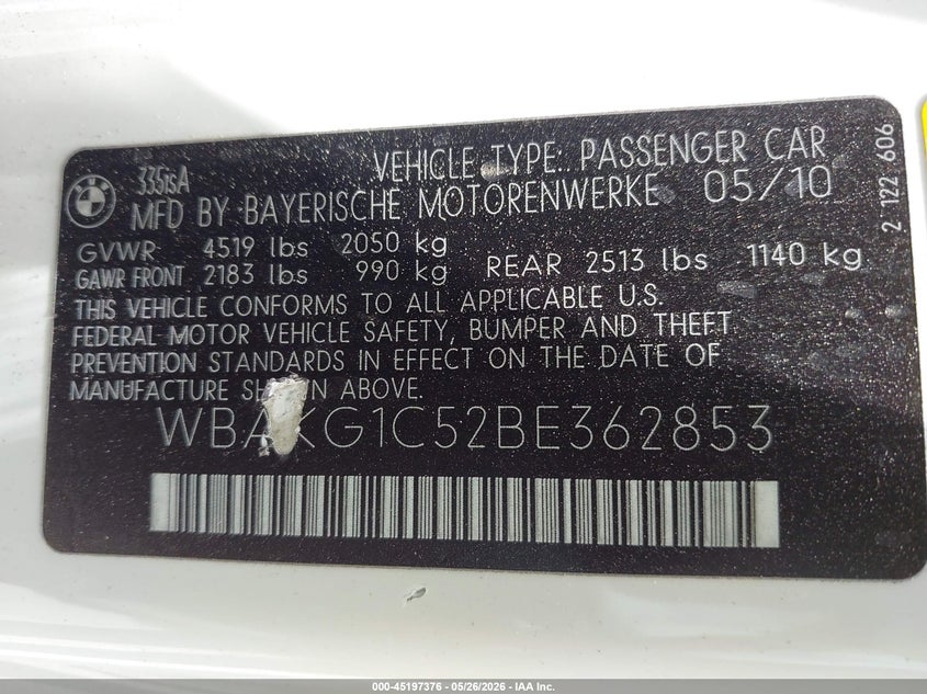2011 BMW 3 series VIN WBAKG1C52BE362853 IAAI salvage auction — FRONT END, Salvage (California), sold $4,550 on 2026-07-09 (photo 9)