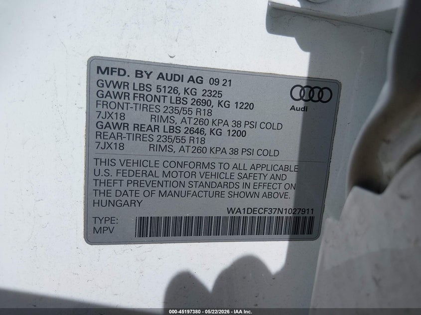 2022 Audi Q3 VIN WA1DECF37N1027911 IAAI salvage auction — FRONT END, Salvage (Massachusetts), sold $9,500 on 2026-07-24 (photo 9)