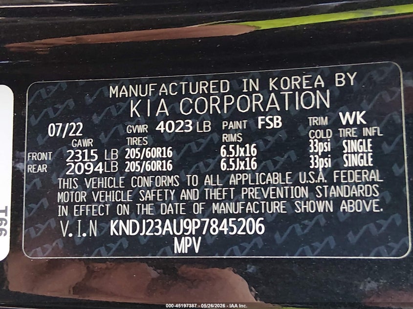 2023 Kia Soul VIN KNDJ23AU9P7845206 IAAI salvage auction — LEFT FRONT, Certificate Of Destruction (Florida), sold $2,250 on 2026-07-28 (photo 9)