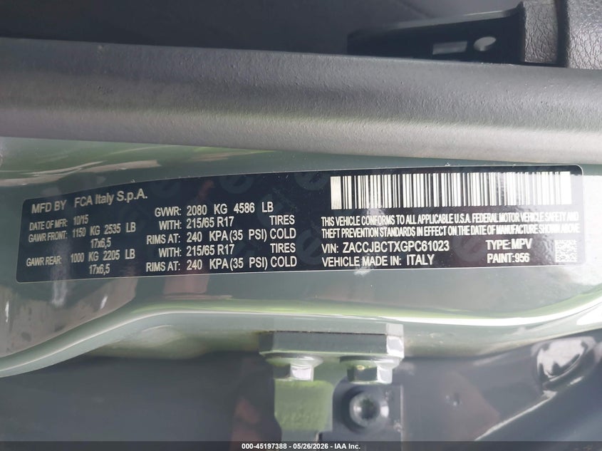 2016 Jeep Renegade VIN ZACCJBCTXGPC61023 IAAI salvage auction — FRONT END, Salvage (Pennsylvania), sold $2,050 on 2026-07-11 (photo 9)