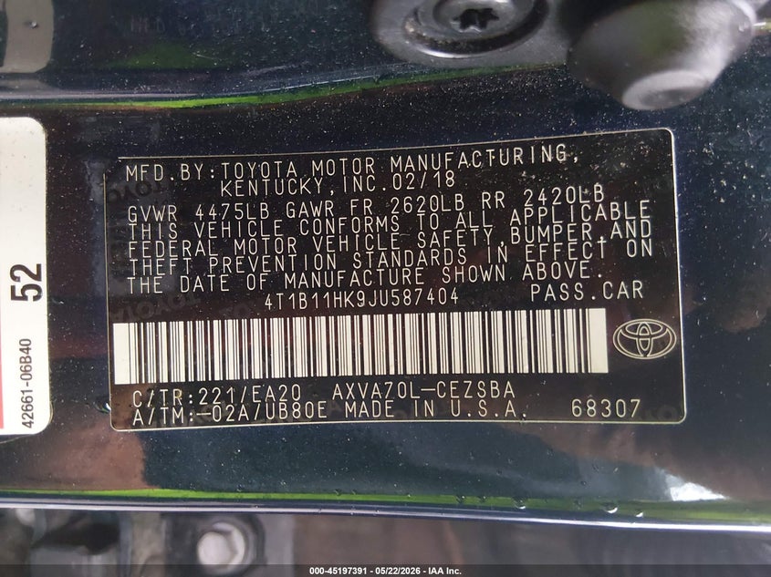 2018 Toyota Camry VIN 4T1B11HK9JU587404 IAAI salvage auction — SIDE, Clear (Tennessee), sold $5,000 on 2026-07-20 (photo 9)