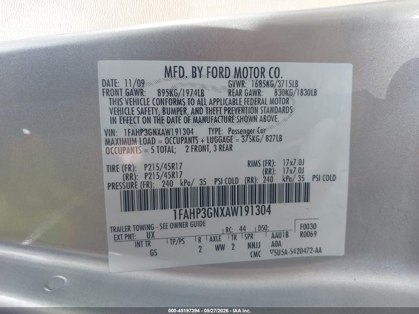 2010 Ford Focus VIN 1FAHP3GNXAW191304 IAAI salvage auction — REAR END, Salvage (Ohio), sold $425 on 2026-07-18 (photo 9)