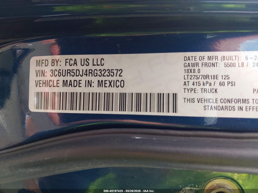 2024 Ram 2500 VIN 3C6UR5DJ4RG323572 IAAI salvage auction — FRONT END, Salvage (North Carolina), sold $10,700 on 2026-07-29 (photo 9)