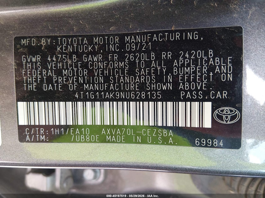 2022 Toyota Camry VIN 4T1G11AK9NU628135 IAAI salvage auction — HAIL, Salvage Title, sold $9,000 on 2026-07-24 (photo 9)