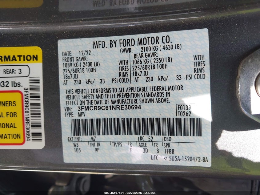 2022 Ford Bronco sport VIN 3FMCR9C61NRE30694 IAAI salvage auction — REAR END, Original (Texas), sold $10,250 on 2026-08-20 (photo 9)