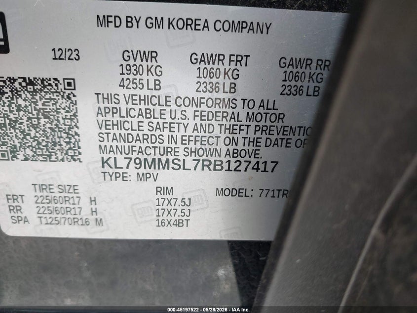 2024 Chevrolet Trailblazer VIN KL79MMSL7RB127417 IAAI salvage auction — FRONT END, Salvage Title, sold $3,850 on 2026-07-14 (photo 9)