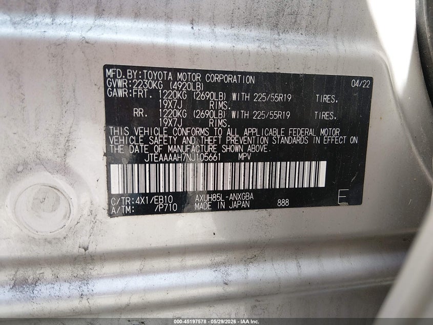 2022 Toyota Venza VIN JTEAAAAH7NJ105661 IAAI salvage auction — FRONT END, Salvage Title, sold $9,275 on 2026-07-22 (photo 9)