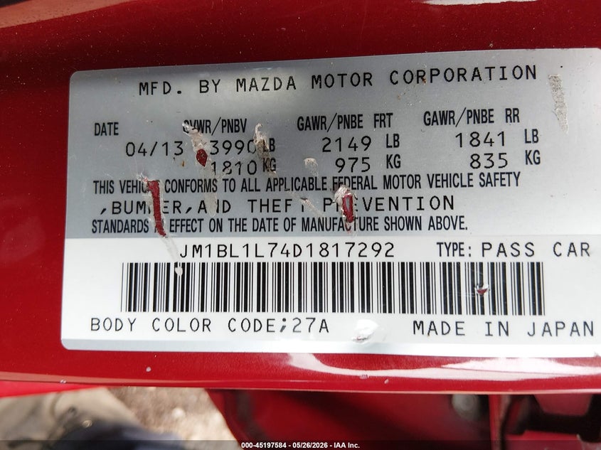 2013 Mazda 3 VIN JM1BL1L74D1817292 IAAI salvage auction — LEFT FRONT, Salvage Title, sold $325 on 2026-07-13 (photo 9)