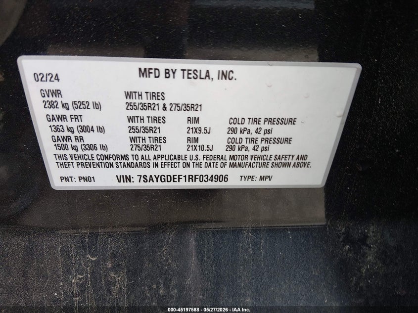 2024 Tesla Model y VIN 7SAYGDEF1RF034906 IAAI salvage auction — REAR END, Salvage Title, sold $17,000 on 2026-07-09 (photo 9)