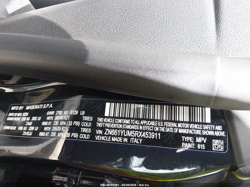 2024 Maserati Levante VIN ZN661YUM5RX453911 IAAI salvage auction — UNKNOWN, Rebuildable (Florida), sold $31,750 on 2026-07-06 (photo 9)