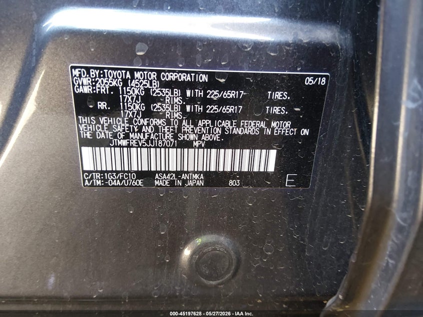 2018 Toyota Rav 4 VIN JTMWFREV5JJ187071 IAAI salvage auction — FRONT END, Salvage (Arizona), sold $4,800 on 2026-07-07 (photo 9)