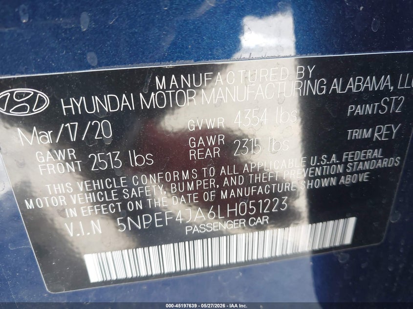 2020 Hyundai Sonata VIN 5NPEF4JA6LH051223 IAAI salvage auction — LEFT FRONT, Salvage Title, sold $3,525 on 2026-07-13 (photo 9)