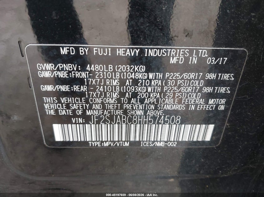 2017 Subaru Forester VIN JF2SJABC8HH574508 IAAI salvage auction — FRONT END, Salvage Title, sold $525 on 2026-07-08 (photo 9)