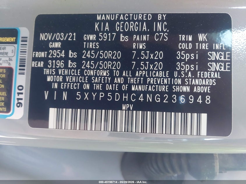 2022 Kia Telluride VIN 5XYP5DHC4NG236948 IAAI salvage auction — LEFT SIDE, Salvage Title, sold $10,100 on 2026-07-29 (photo 9)