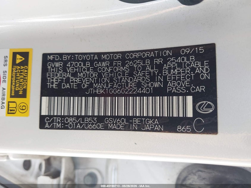 2016 Lexus ES VIN JTHBK1GG6G2224401 IAAI salvage auction — HAIL, Original (Texas), sold $5,150 on 2026-07-21 (photo 9)