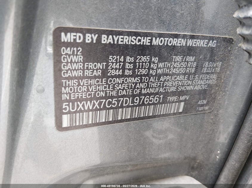 2013 BMW X3 VIN 5UXWX7C57DL976561 IAAI salvage auction — RIGHT REAR, Salvage (North Carolina), sold $1,225 on 2026-07-08 (photo 9)