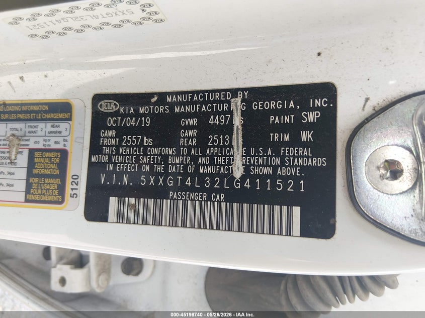 2020 Kia Optima VIN 5XXGT4L32LG411521 IAAI salvage auction — TRANSMISSION, Salvage (Louisiana), sold $775 on 2026-07-07 (photo 9)
