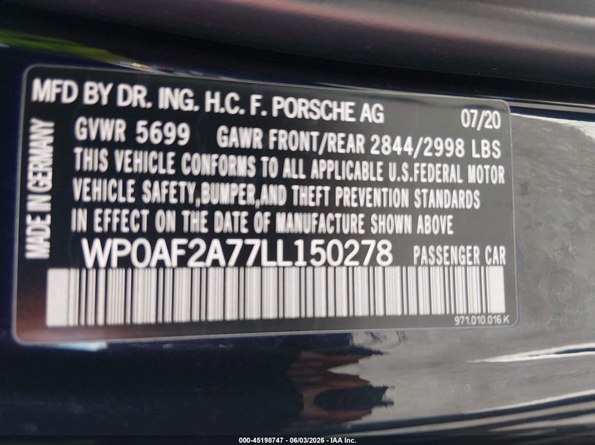 2020 Porsche Panamera VIN WP0AF2A77LL150278 IAAI salvage auction — SUSPENSION, Salvage (Nevada), sold $37,275 on 2026-07-30 (photo 9)