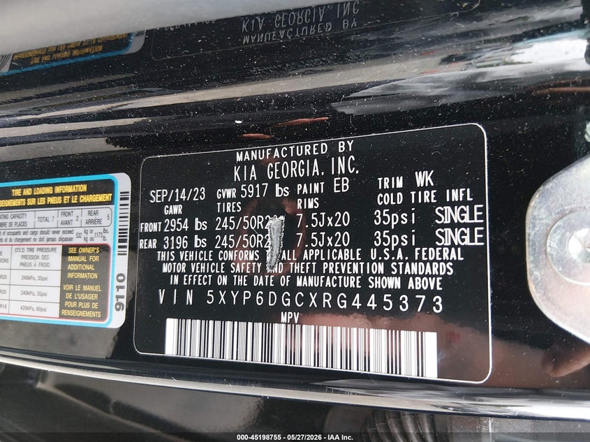 2024 Kia Telluride VIN 5XYP6DGCXRG445373 IAAI salvage auction — FRONT END, Salvage Title, sold $8,300 on 2026-07-16 (photo 9)
