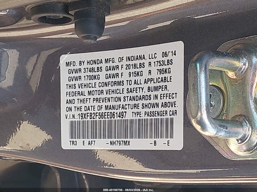 2014 Honda Civic VIN 19XFB2F56EE061497 IAAI salvage auction — FRONT END, Salvage (Kentucky), sold $1,850 on 2026-08-01 (photo 9)