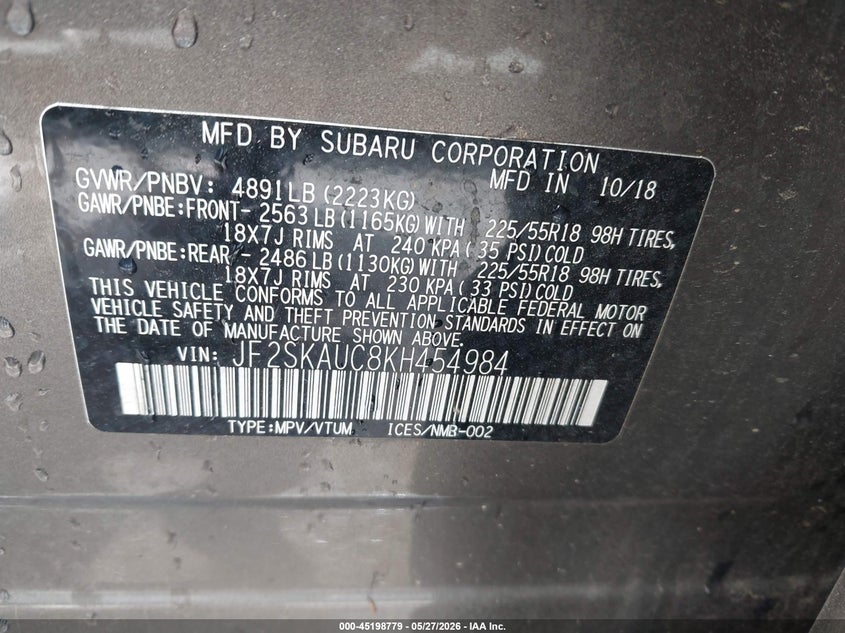2019 Subaru Forester VIN JF2SKAUC8KH454984 IAAI salvage auction — FRONT END, Salvage Title, sold $1,600 on 2026-07-20 (photo 9)