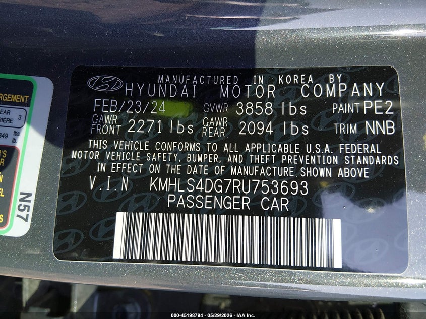 2024 Hyundai Elantra VIN KMHLS4DG7RU753693 IAAI salvage auction — FRONT END, Salvage Title, sold $4,950 on 2026-07-19 (photo 9)