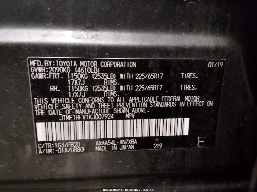 2019 Toyota VIN JTMF1RFV1KJ007924 IAAI salvage auction — RIGHT FRONT, Salvage (Minnesota), sold $8,000 on 2026-07-28 (photo 9)