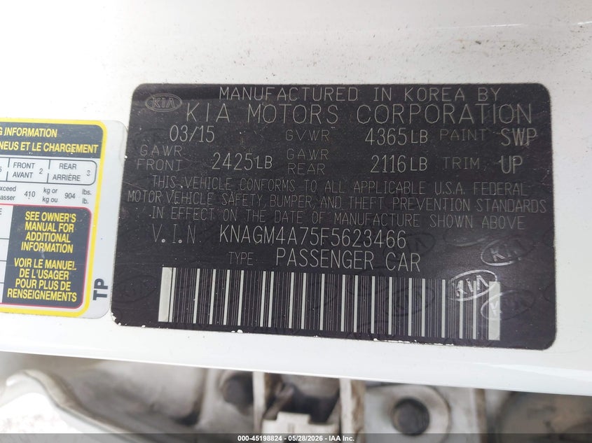 2015 Kia Optima VIN KNAGM4A75F5623466 IAAI salvage auction — RIGHT SIDE, Repossession Paperwork (Georgia), sold $400 on 2026-07-15 (photo 9)