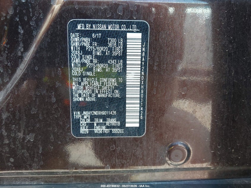 2017 Nissan Armada VIN JN8AY2NDXH9011426 IAAI salvage auction — SIDE, Salvage Title, sold $2,450 on 2026-07-29 (photo 9)