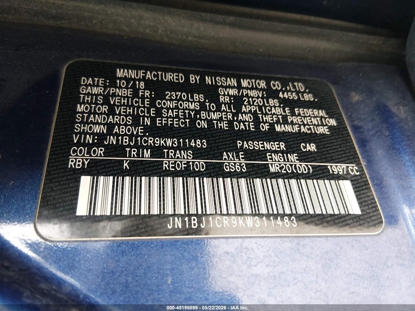 2019 Nissan VIN JN1BJ1CR9KW311483 IAAI salvage auction — SIDE, Salvage (Illinois), sold $1,550 on 2026-07-22 (photo 9)