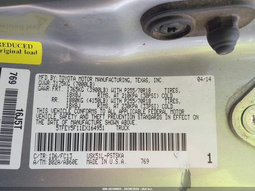 2014 Toyota Tundra VIN 5TFEY5F11EX164951 IAAI salvage auction — SIDE, Salvage (Texas), sold $4,200 on 2026-07-16 (photo 9)